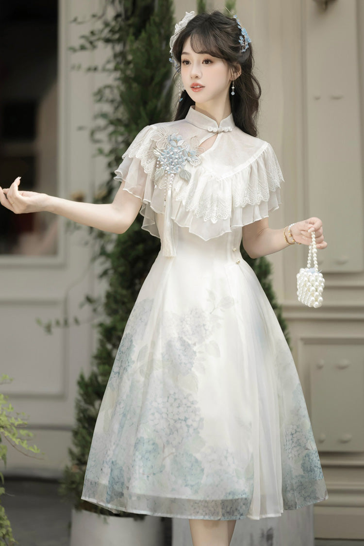 Ivory Print Ruffle Lace Chinese Elegant Short Dress