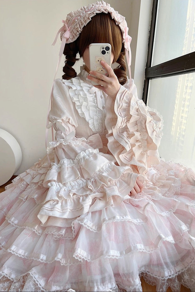 Pink Soloist Doll Long Hime Sleeve Multi-Layer Print Ruffle Bow Asymmetrical Sweet Lolita
