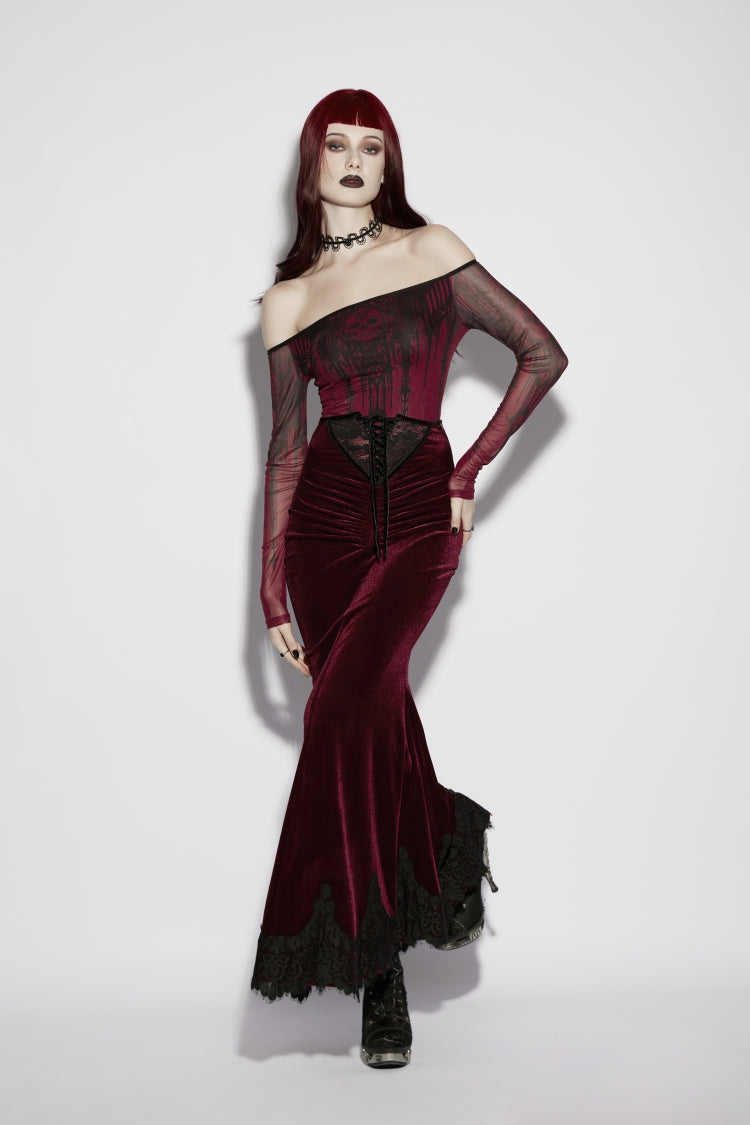 Scarlet Lace Velvet Pleated Gothic Mermaid Skirt