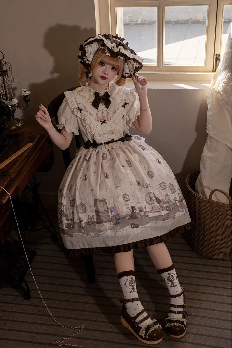 Cream Forest Tailor Shop Stand Collar Short Sleeve Printed Bow Frilled Sweet Lolita Dress