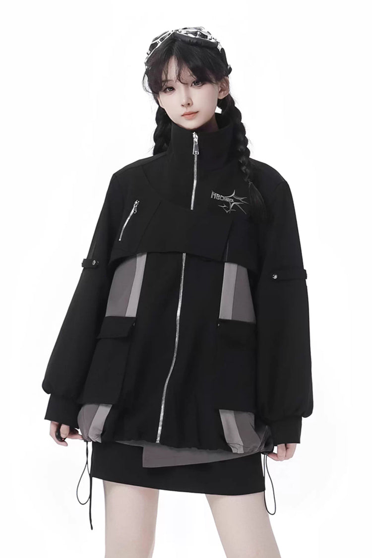 Black Techwear Zip Spliced Gothic Jirai Kei Skirt & Coat Set
