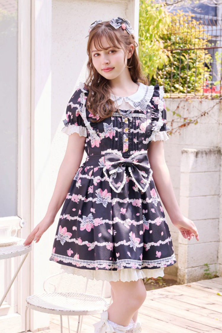 Charcoal Printed Puff-Sleeve Ruffled Lace-Up Sweet Dress - Creamy Berry