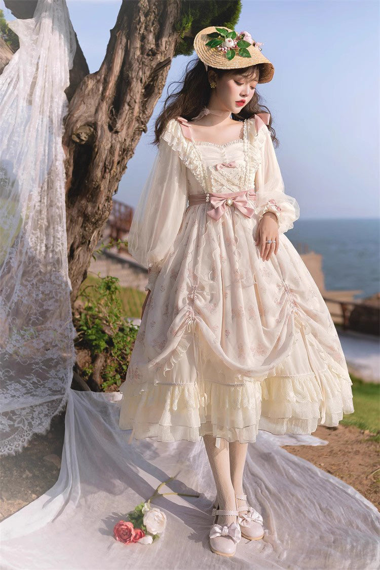 Ivory Letter Print Ruffle Bowknot Casual Elegant Lolita Dress