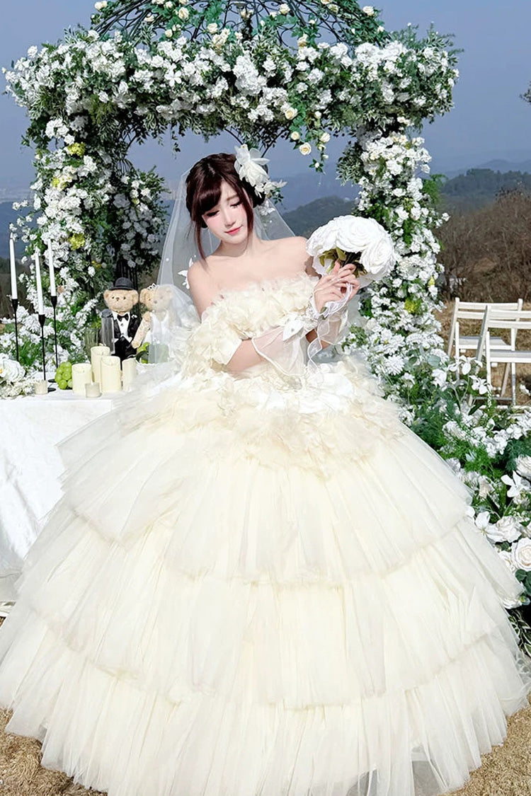 Apricot Sweet Lolita JSK Long Dress with Triple-Layer Ruffled Hanayome Bow Lace-Up and Sleeveless Design