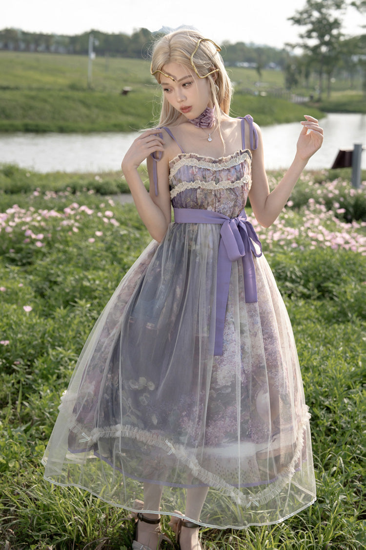 Violet Shaded Blossoms Oil Painting Sleeveless Printed Ruffled Bow Lace JSK