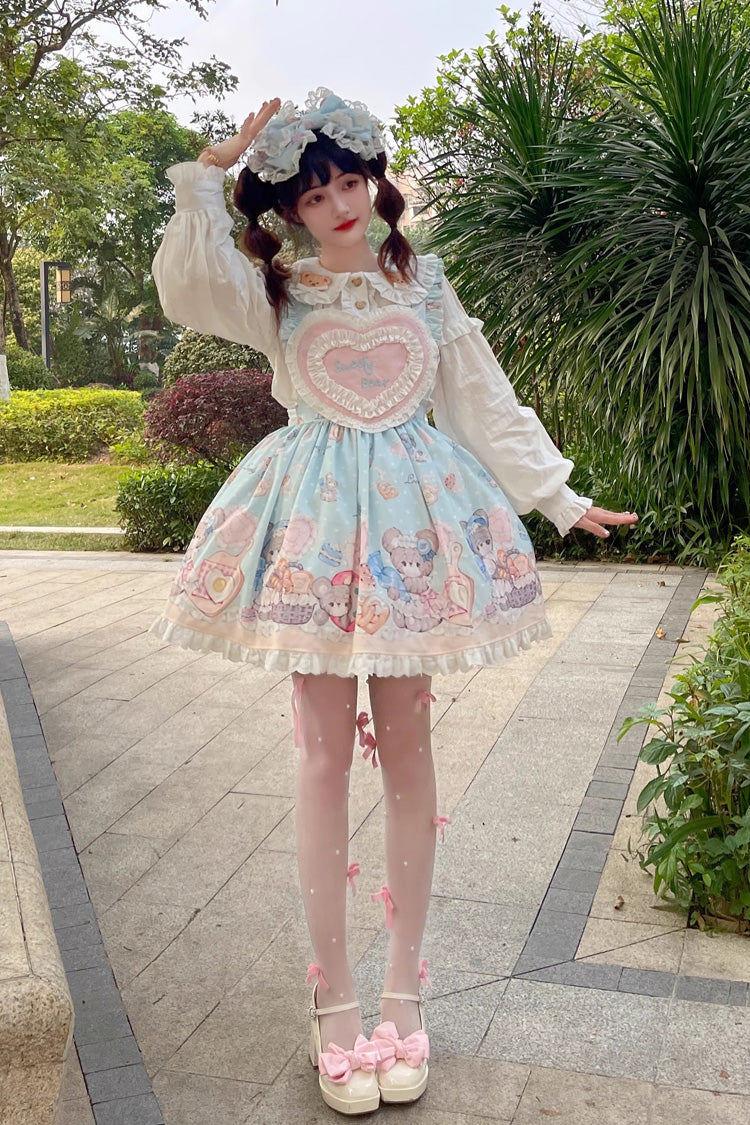 Azure Baked Bear Print Ruffled Sweet Lolita Skirt
