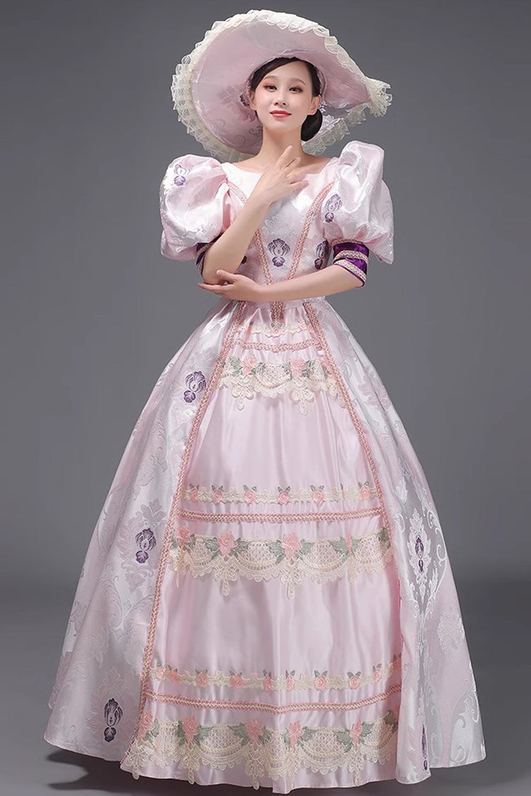 Pink Vintage Princess Dress with Embroidered Short Sleeves