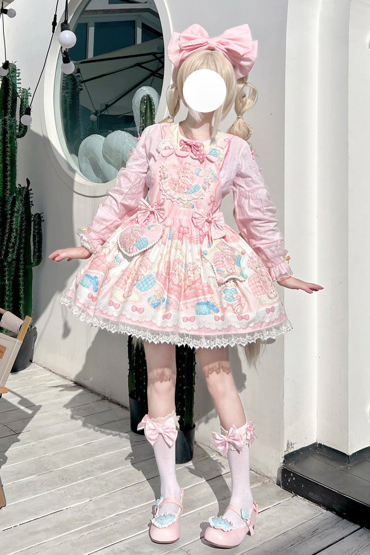 Kawaii Bears Printed Pink Bow Stitching Lace Sweet Lolita Strap Dress - Miss Brown