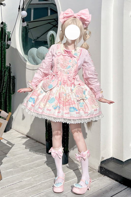 Kawaii Bears Printed Pink Bow Stitching Lace Sweet Lolita Strap Dress - Miss Brown