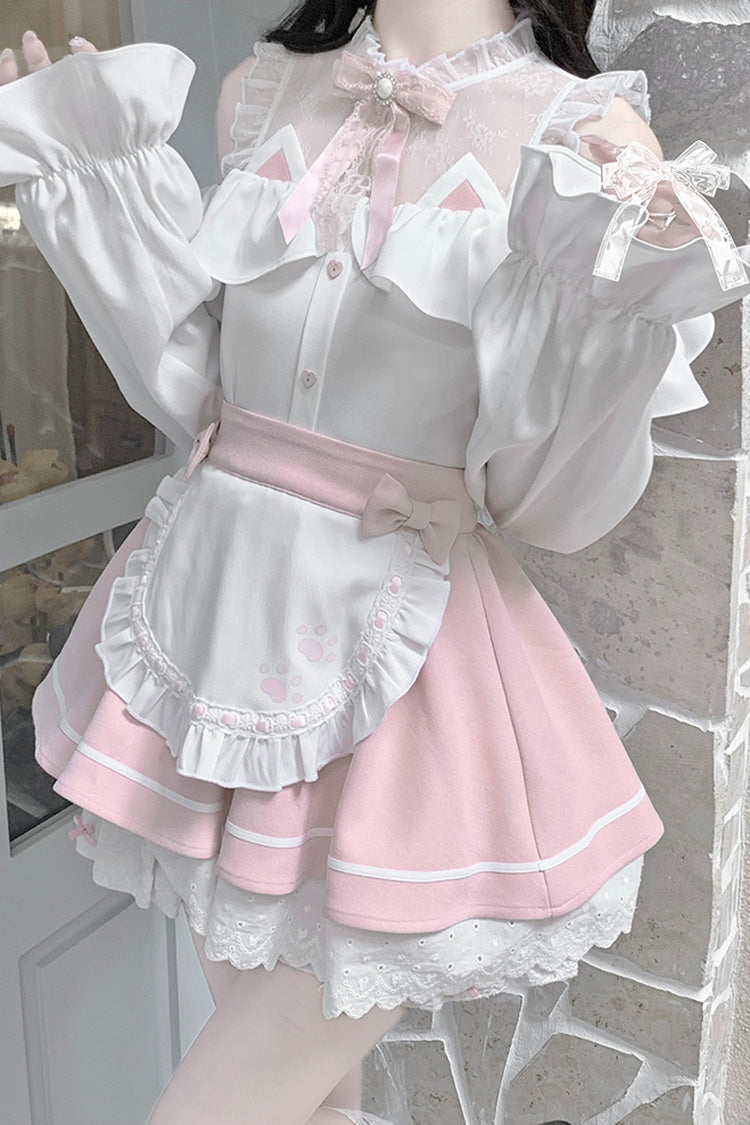 Pale Pink & White Off-Shoulder Long-Sleeve Ruffled Bow Lace Jirai Kei Skirt