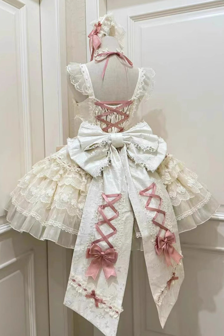 Apricot Sweet Lolita JSK Dress with Multi-Layer Bowknot Lace-Up and Pearl Ballet Details