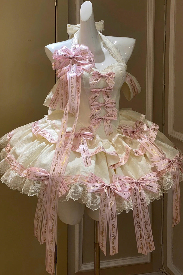 Pink Halterneck Sleeveless Multi-Layered Ruffle Bow Sweet Dress