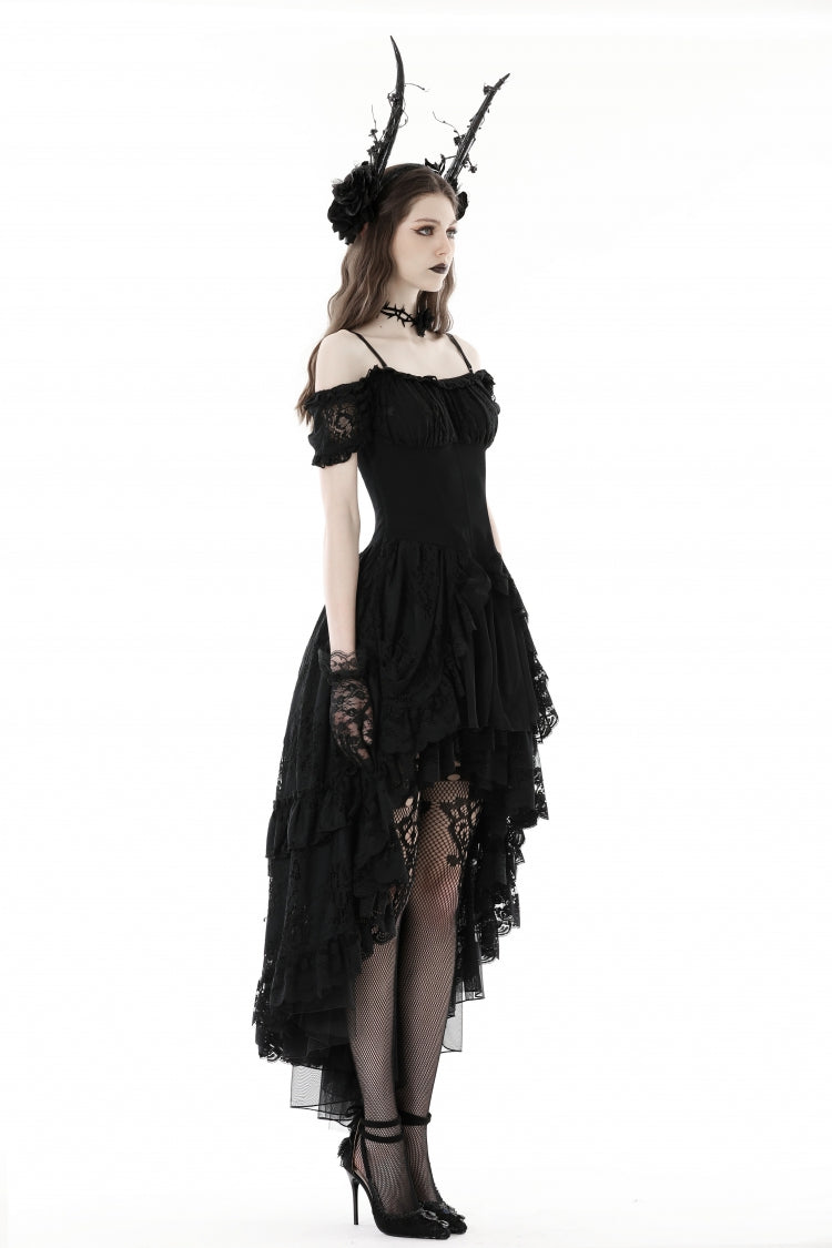 Black Boat Neck Off-Shoulder Short Puff Sleeve Ruffled Lace Lace-Up Irregular Gothic Dress