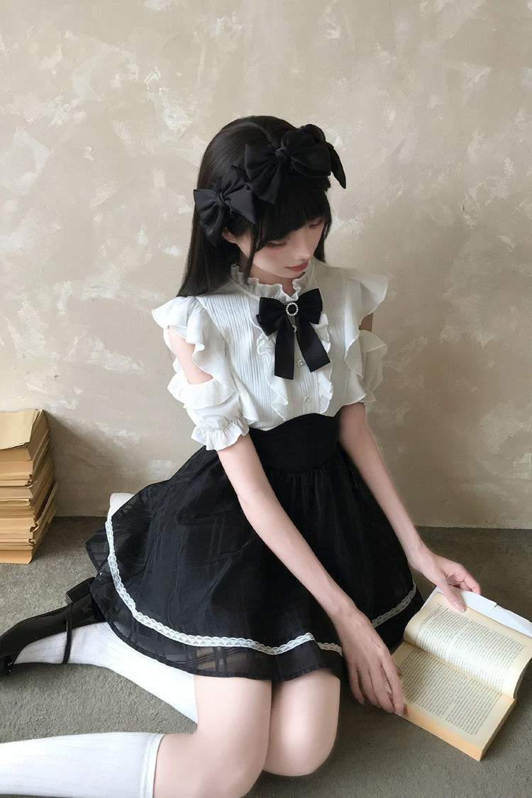 Moonlit Poem Stand Collar Off Shoulder Short Sleeves High Waisted Ruffled Bow Lace Sweet Princess Lolita Dress - Black/White