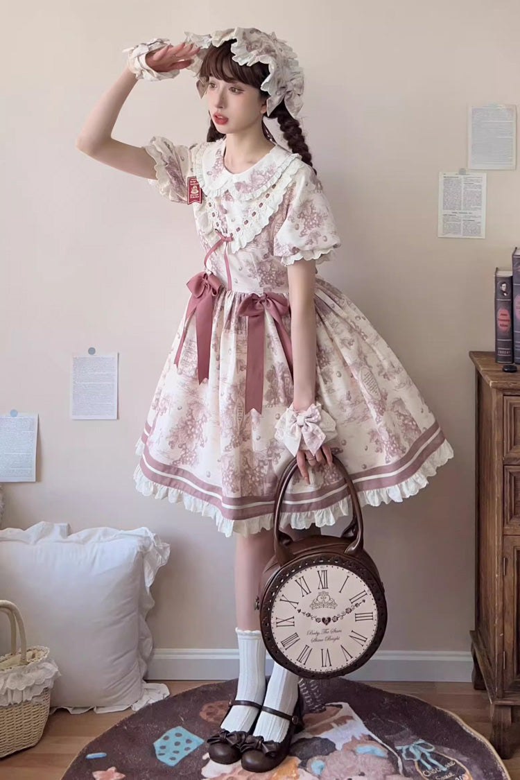 Grape Moon Almanac Short-Sleeve Multi-Layer Printed Ruffled Bow Sweet Lolita Dress