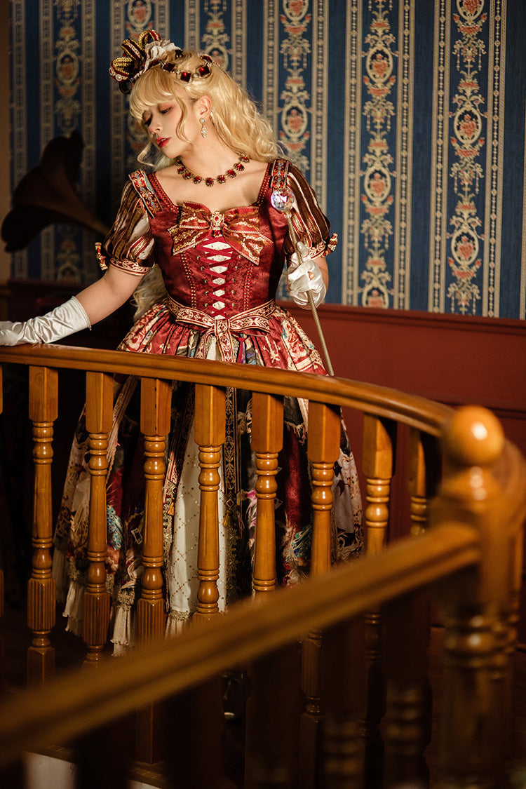 Red Kaleidoscope of Dreams Double-Layer Print Embroidery Bow Lace-Up Classic Vintage Gorgeous Lolita