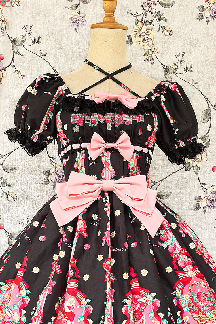 Printed Bowknot Lace Sweet Dress with Short Sleeves - Strawberry Chef