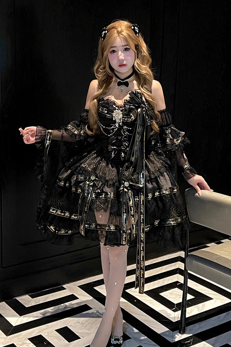 Black Sleeveless Double-Layered Ruffle Bow Pearl Gothic Dress