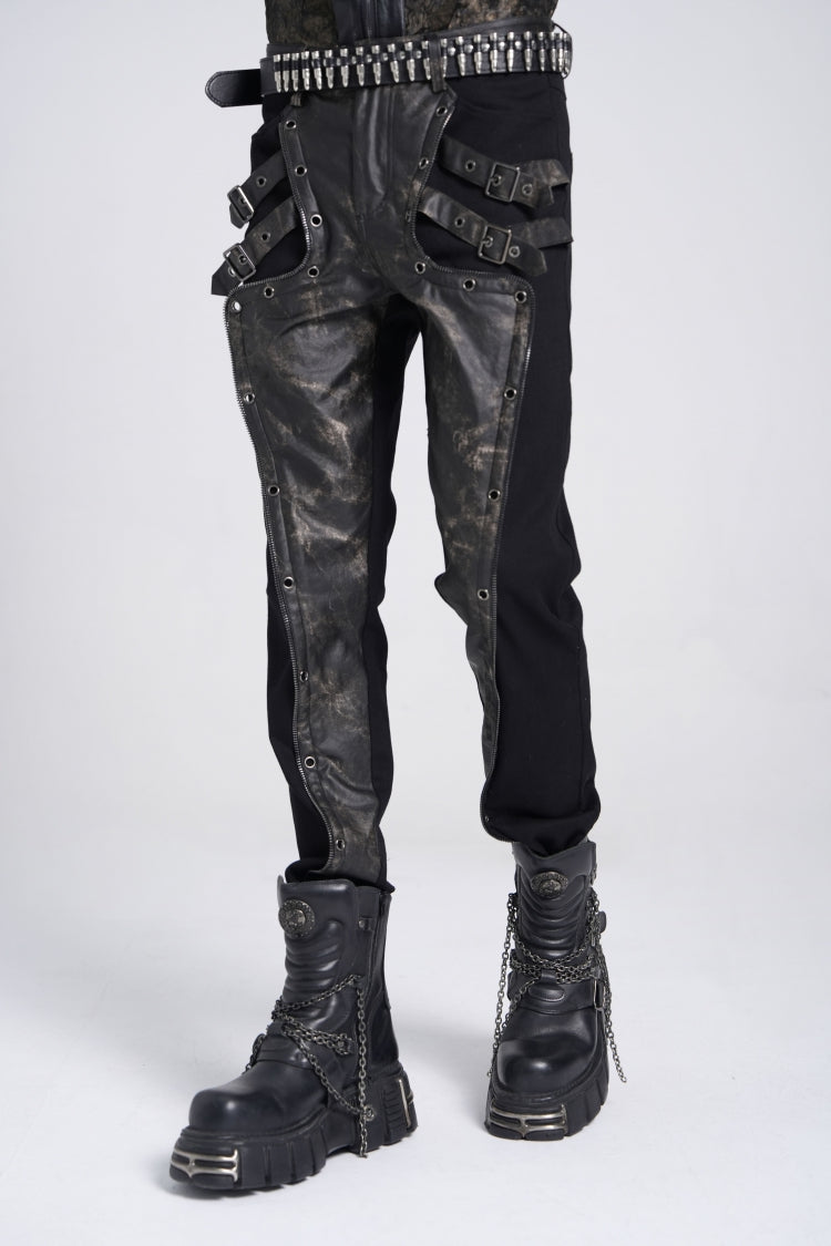 Faux Leather Stitching Buckle Pants - Punk