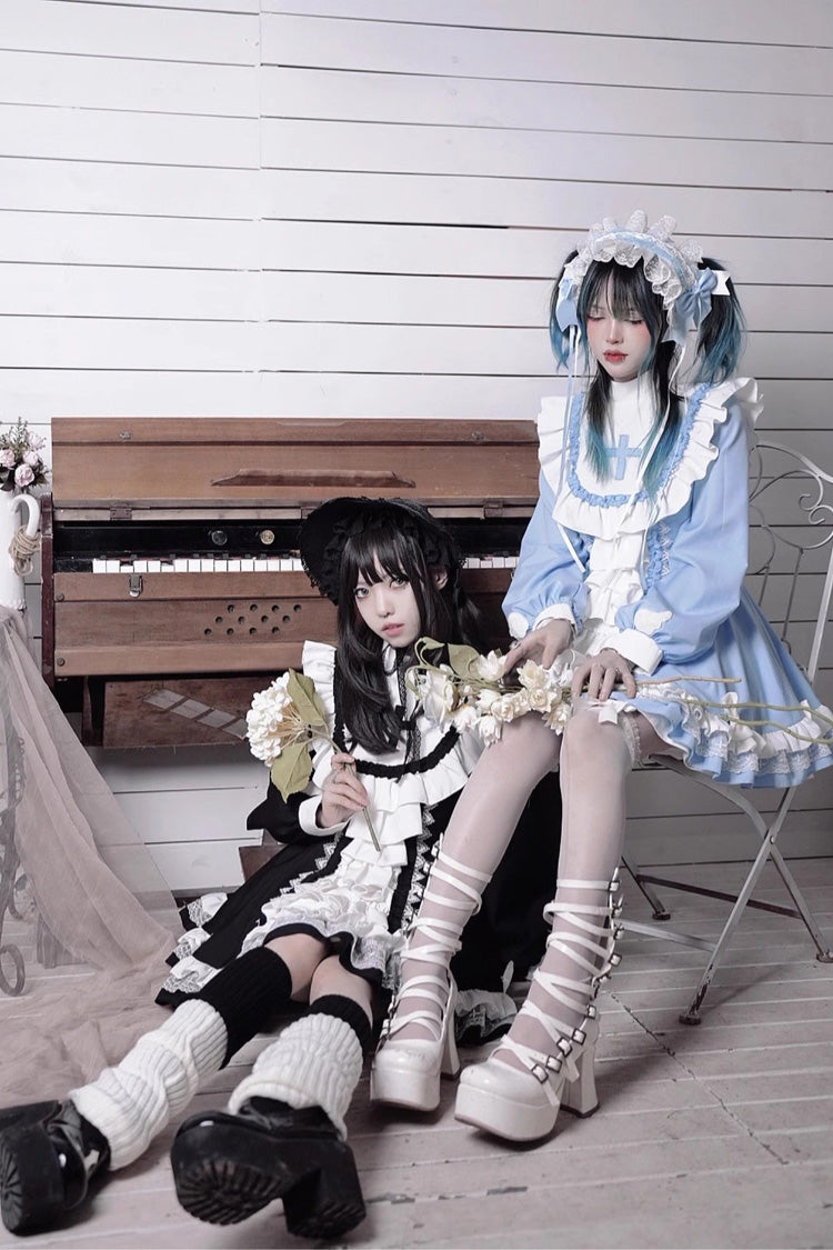 White/Black Long Sleeves Cross Print Nun Style Ruffle Multi-Layer Gothic Lolita Dress