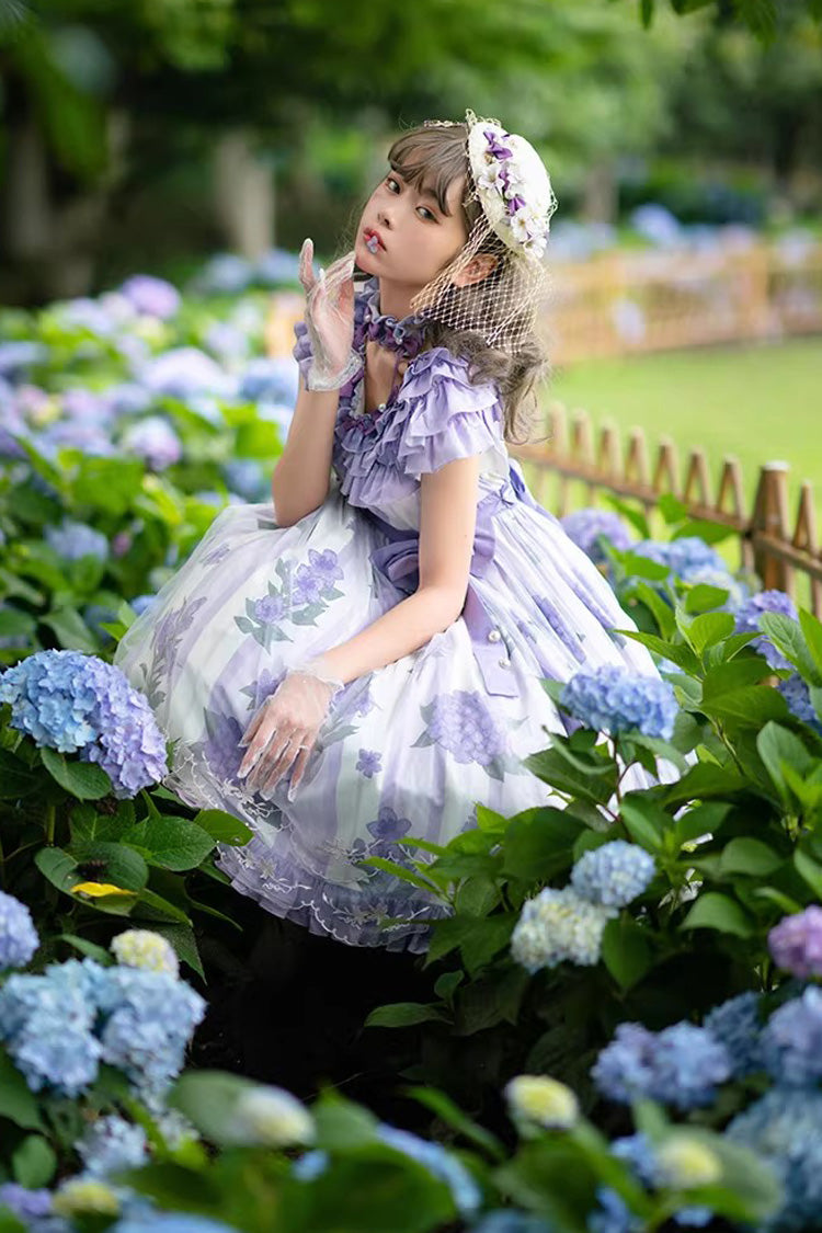 Endless Summer Violet Round Collar Hime Sleeves Printed Ruffled Bow Lace Lolita Dress - Endless Summer