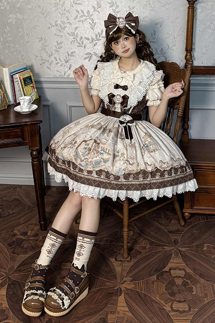 Fairy Tale Sleeveless Ruffle Bow JSK Dress with Print - Two Tones