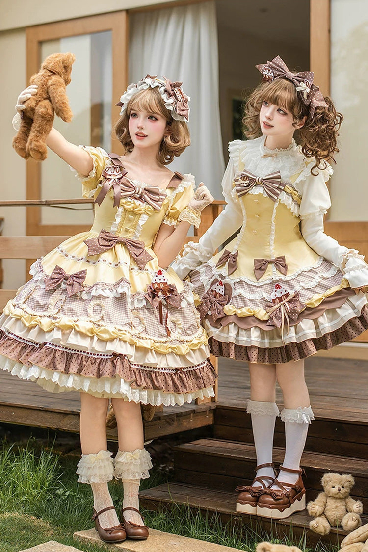 Polka Dot Cake Multi-Layered Printed Ruffled Sweet Lolita OP - Yellow/Brown