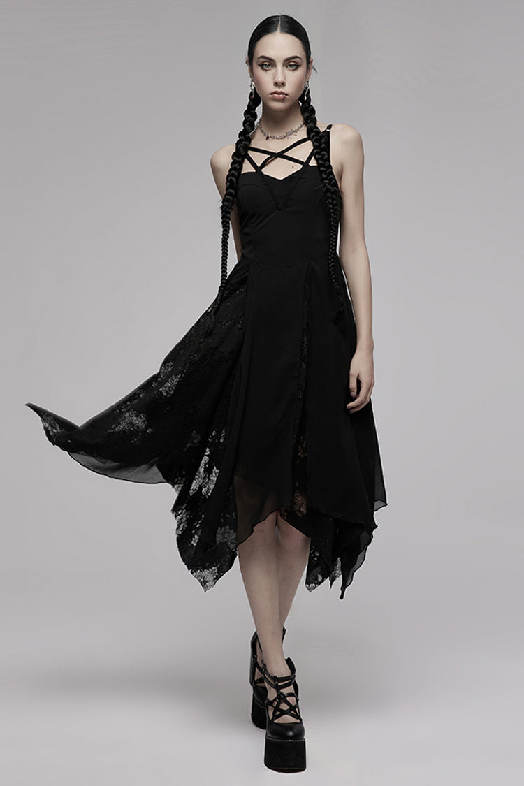 Double-Layer Chiffon Lace Irregular Hem Sling Sleeveless Gothic Dress