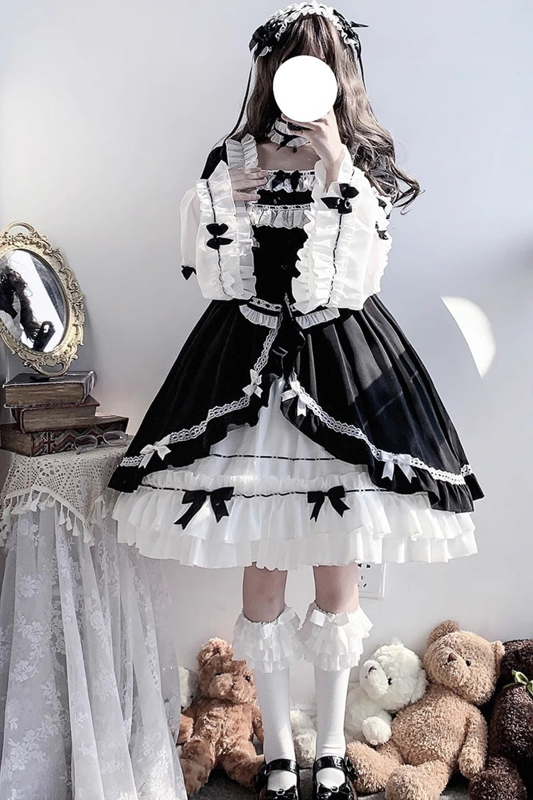 White/Black Hime Sleeves Multi-Layer Ruffle Cardigan Bowknot Gothic Princess Lolita Dress