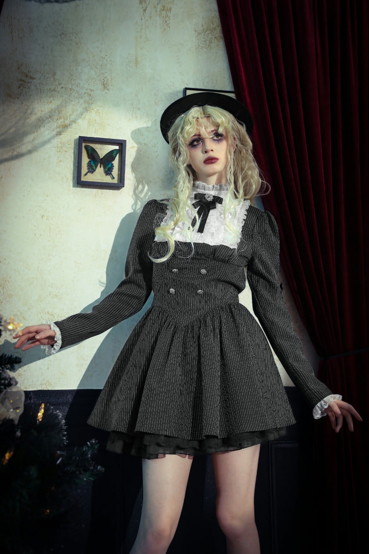 Black/White Striped Lace-Up Gothic Dress with Bow