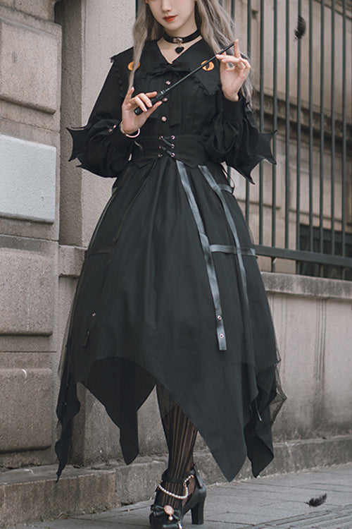 Ebony Gothic OP Dress - Lapel Collar Cat Eye Hem