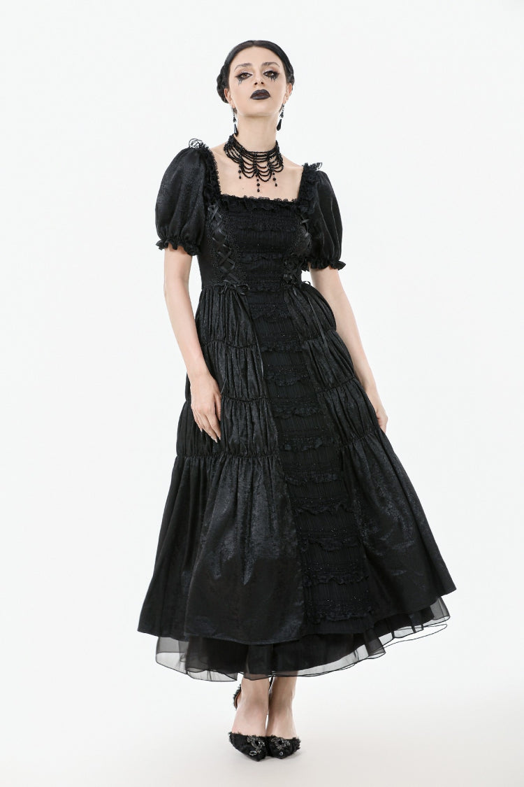 Square Collar Short Puff Sleeve Lace-Up Ruched Gothic Wedding Dress for Women Lace