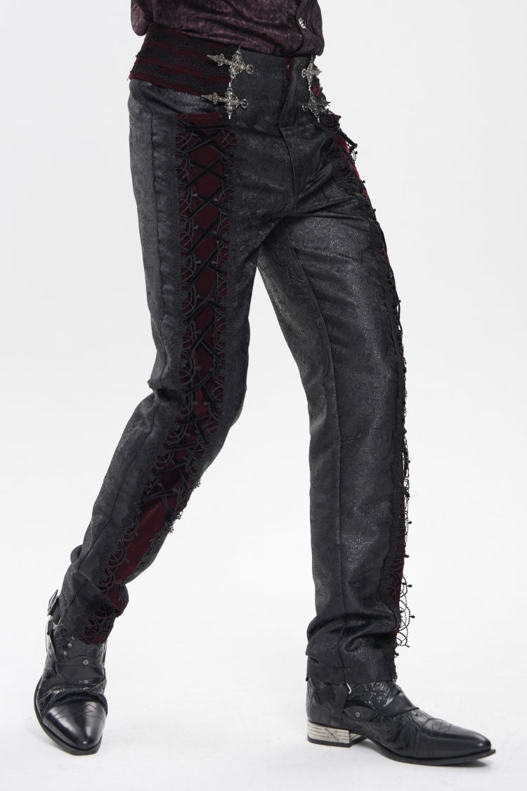 Crimson & Noir Jacquard Lace-Up Slim Velvet Palazzo Trousers for Men