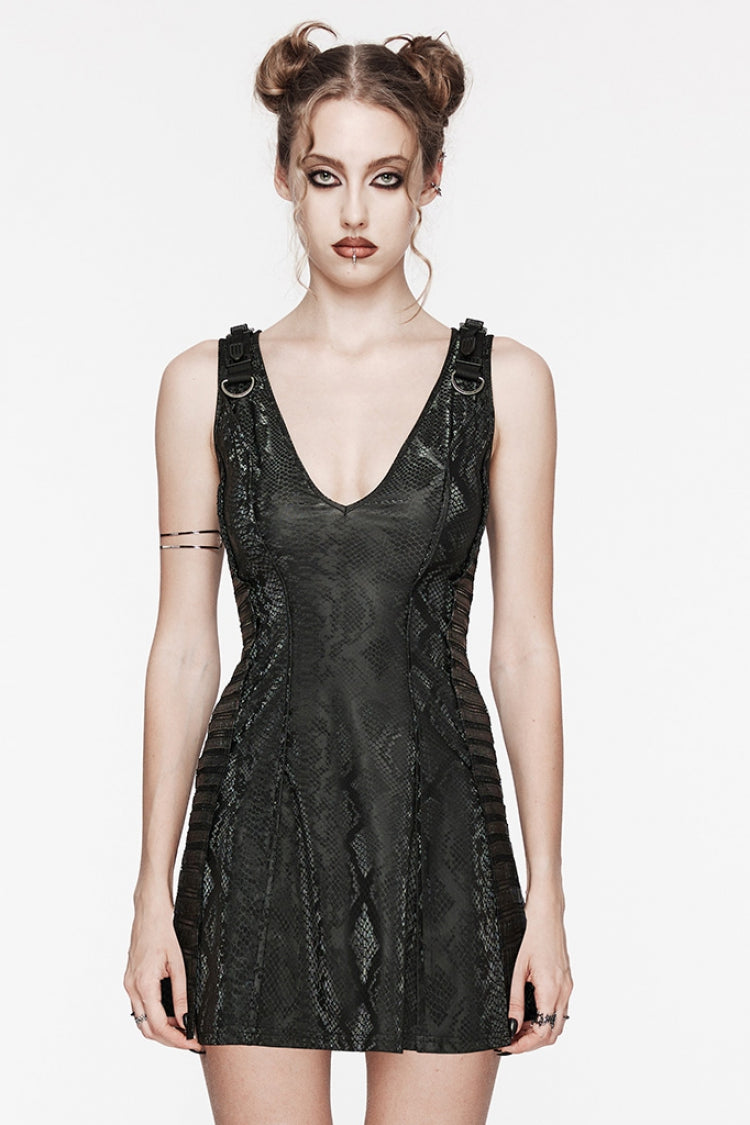 Snake Print Mesh Punk Dress with Stitching