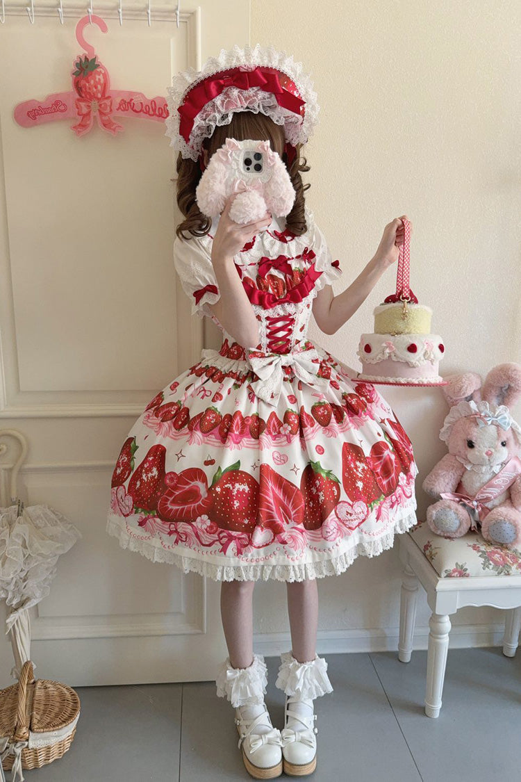 Strawberry Print Ruffled Bow Lace Sweet Lolita JSK