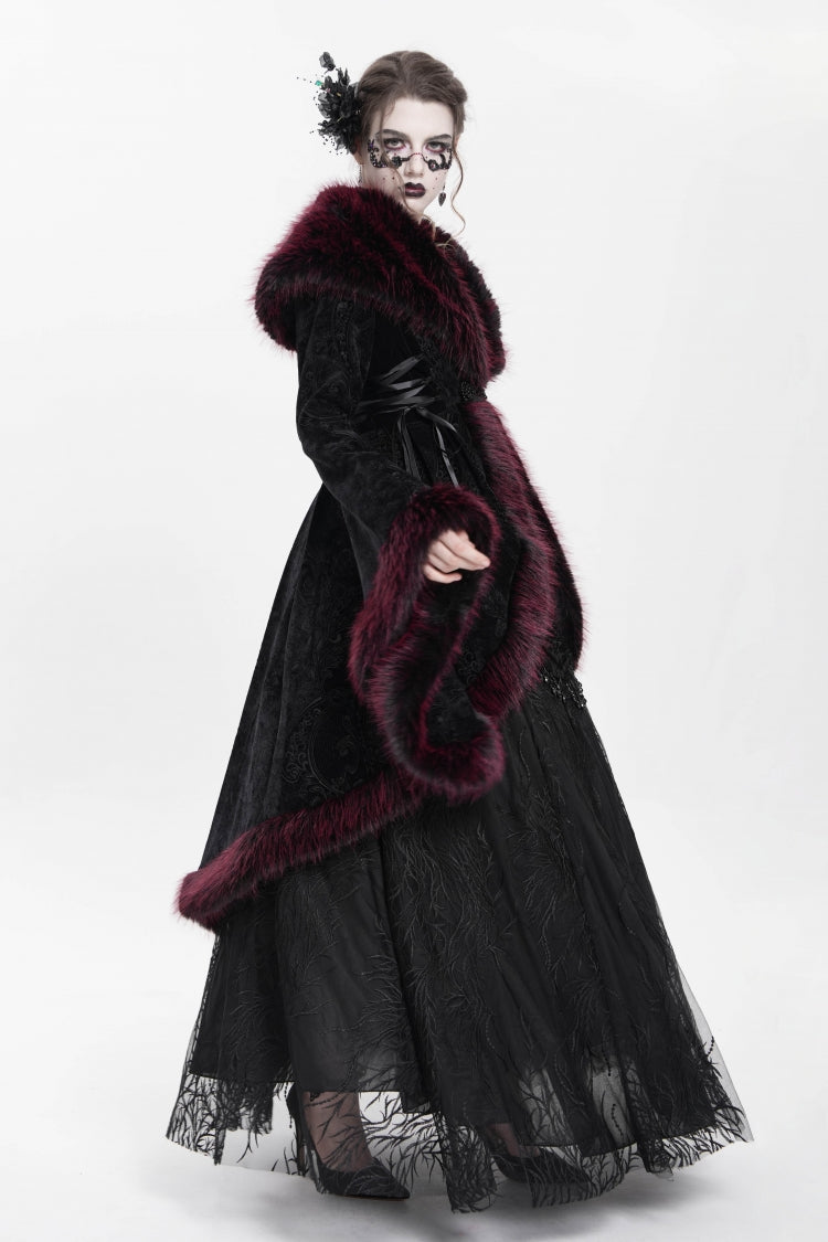 Crimson Floral Embroidered Gothic Fluffy Jacket