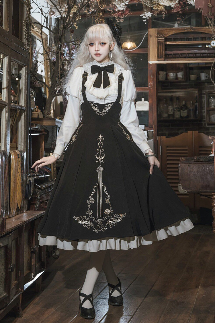 Black/White Violin Variations Ruffled Embroidered Gothic Lolita Jumper Gown Set