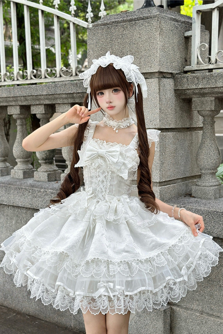 Ivory Sleeveless Ruffle Bow Lace Slim Sweet Ballet JSK