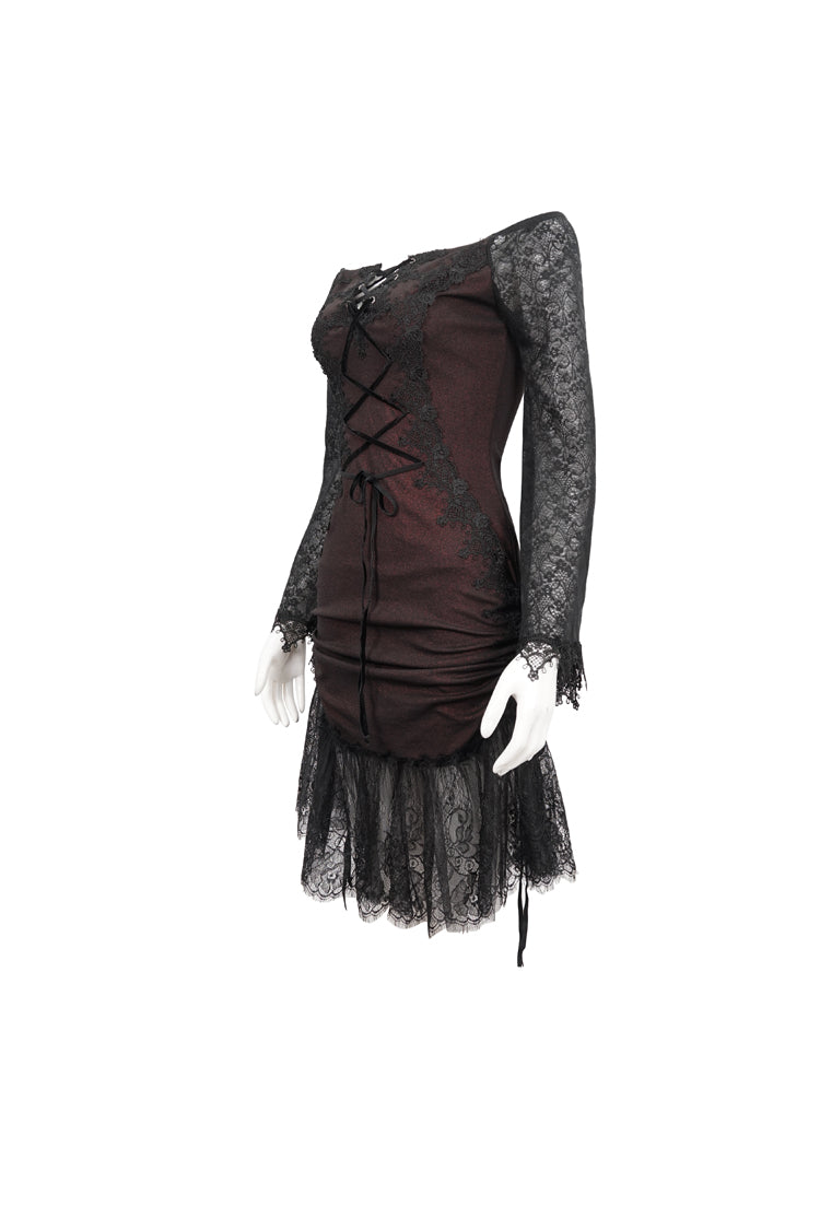 Red Textured One-Shoulder Lace Bell Sleeve Gothic Dress