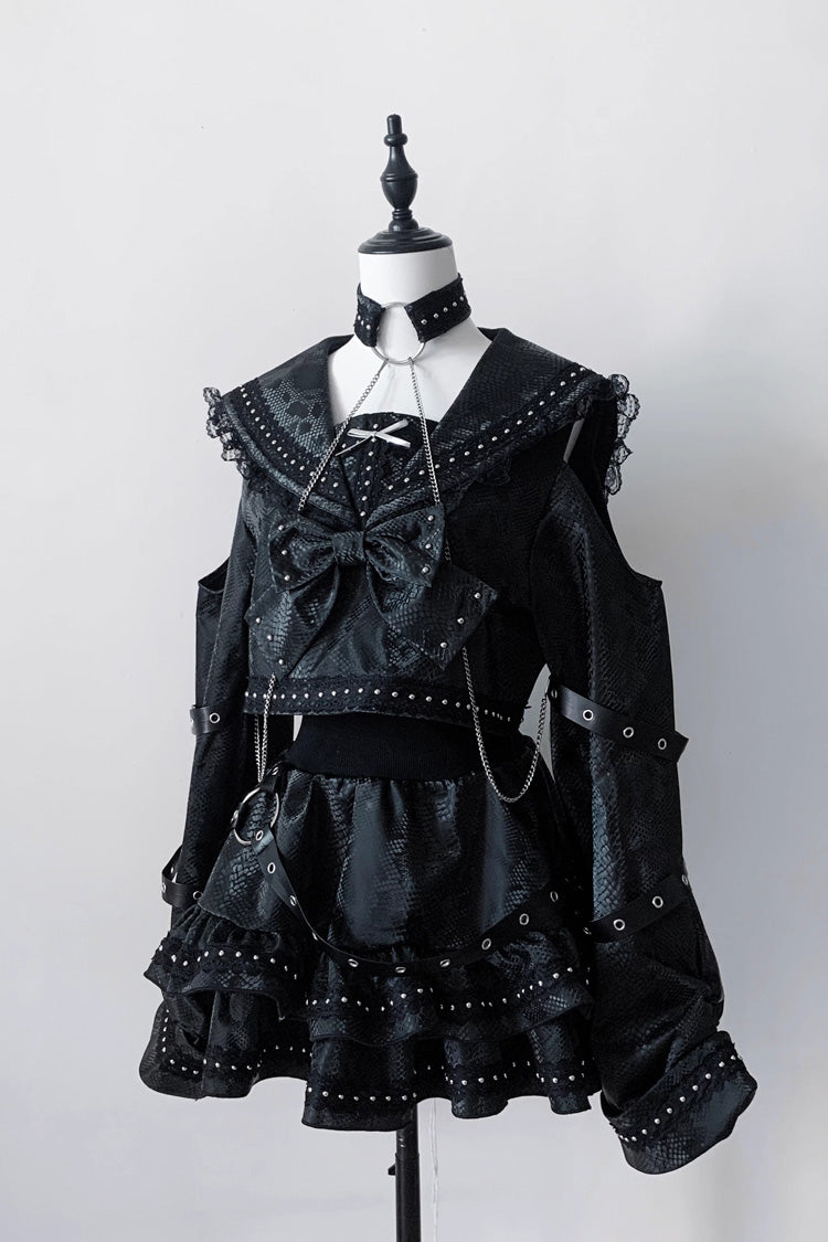 Serpent Navy Collar Snake Printed Studded Gothic Skirt Set