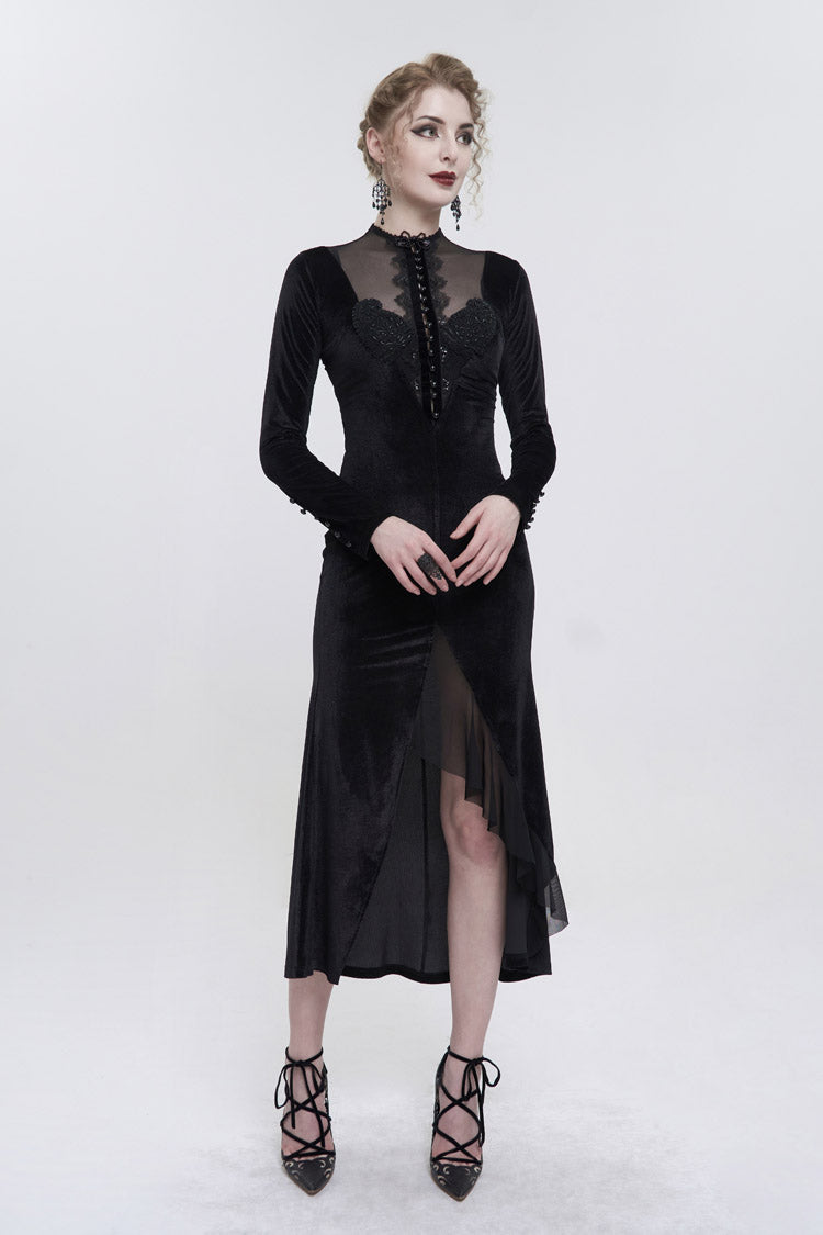 Stand Collar Paisley Lace Mesh Panel Asymmetric Hem Gothic Dress