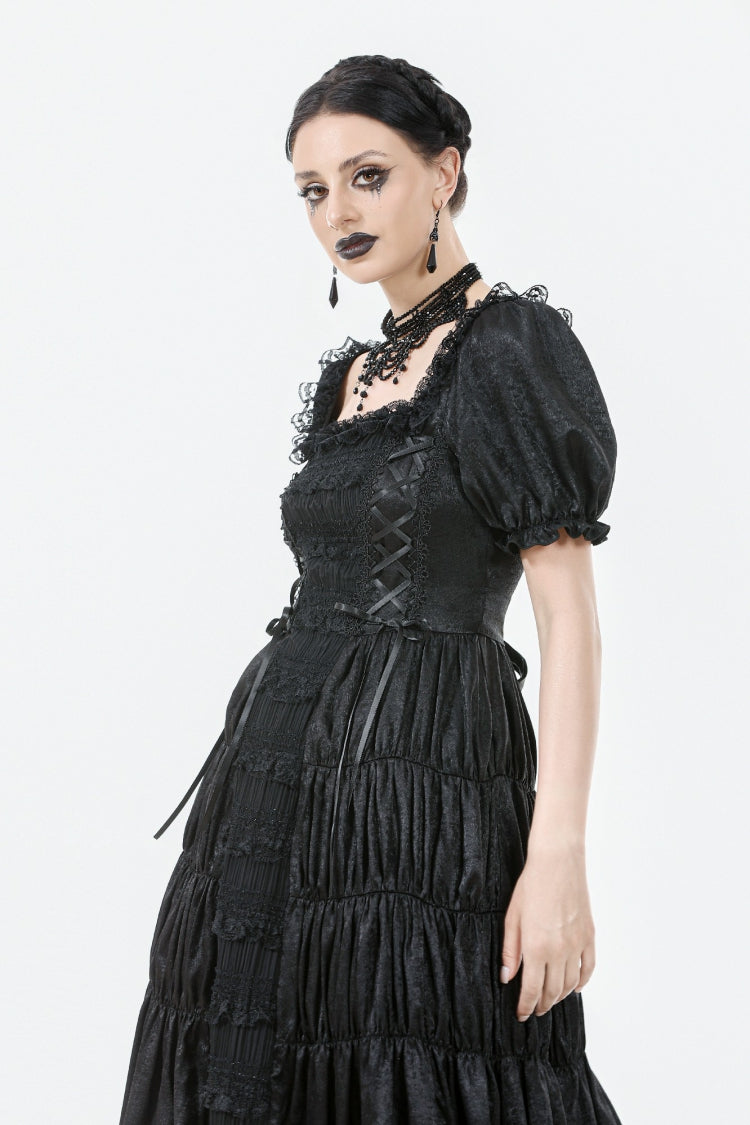 Square Collar Short Puff Sleeve Lace-Up Ruched Gothic Wedding Dress for Women Lace