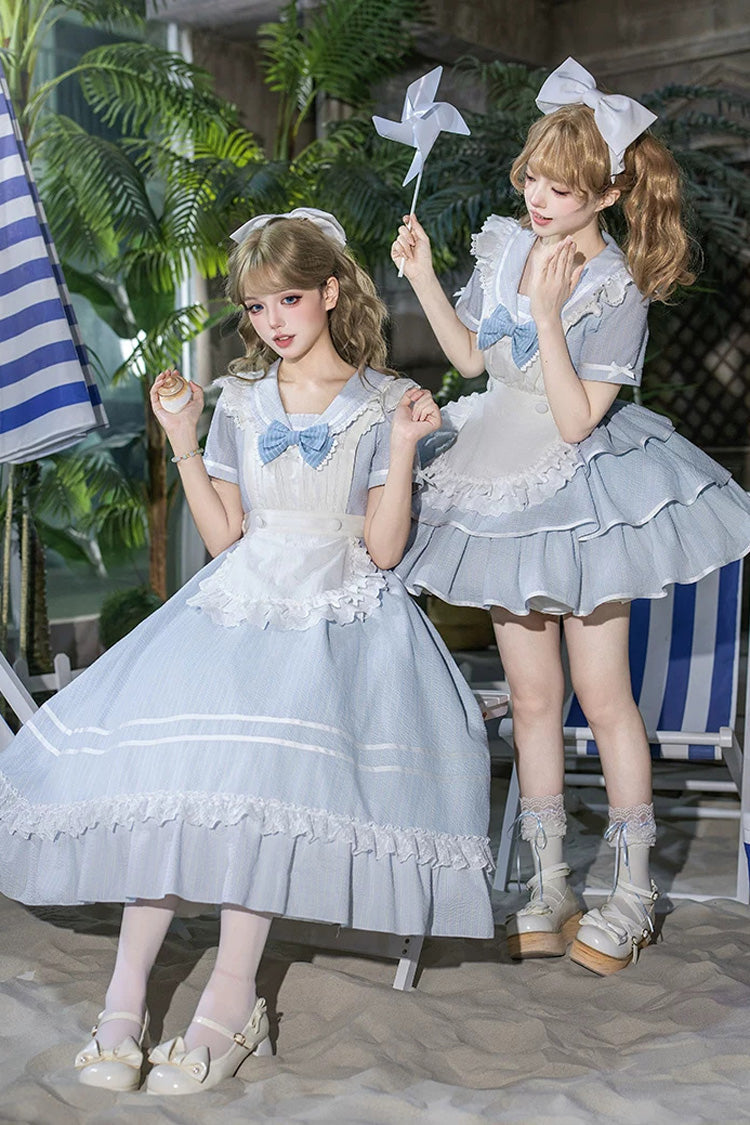Sweet Lolita Dress with Printed Ruffled Bow and Navy Collar - Blue