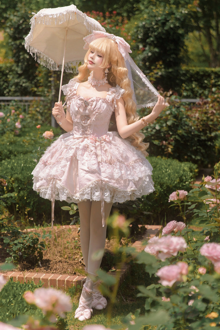 Anna's Ball Square Collar Ruffled Hanayome Bow Lace Ballet JSK - Pink