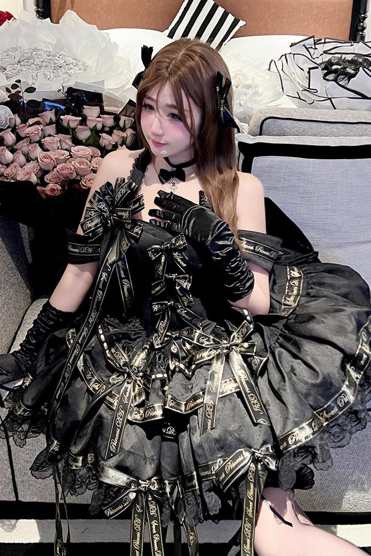 Black Halterneck Sleeveless Multi-Layered Ruffle Bow Elegant Gothic Dress