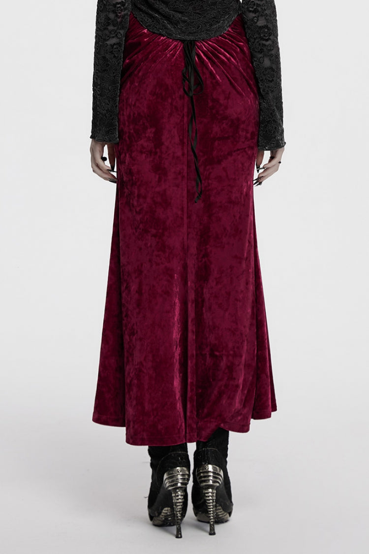 Crimson & Noir High-Waist Lace-Up Fishtail Skirt with Gothic Flair