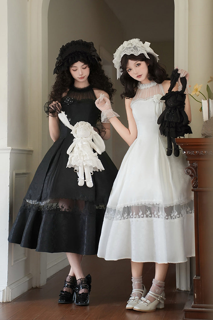 Ivory Off Shoulder Halter Print Ruffle Gothic Elegant Dress