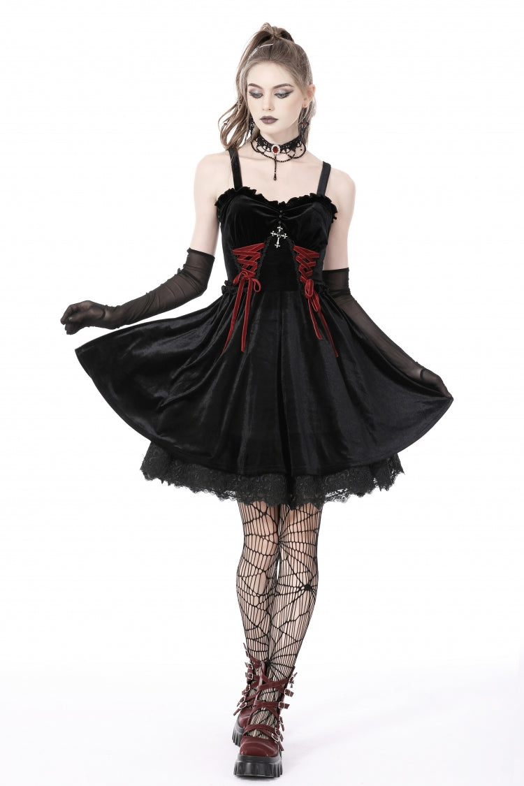 Crimson & Black Cross Lace-Up Velvet Slip Dress