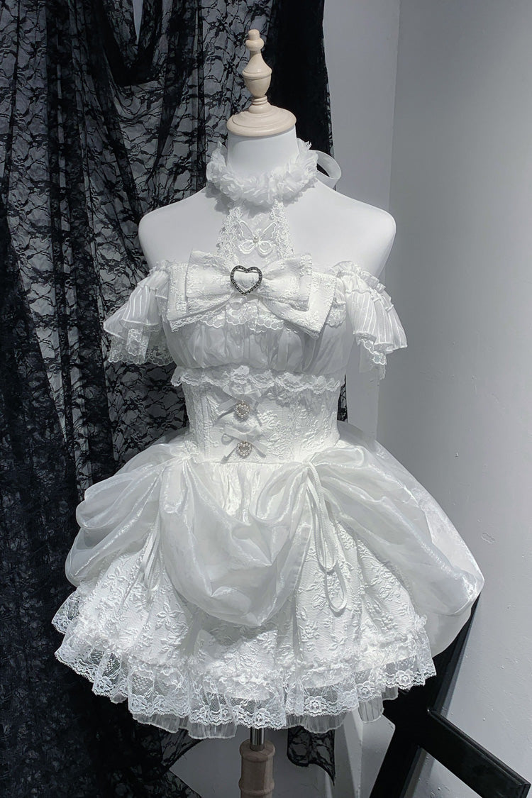 Ivory Halterneck Print Gothic Dress with Ruffles - Rose Dream