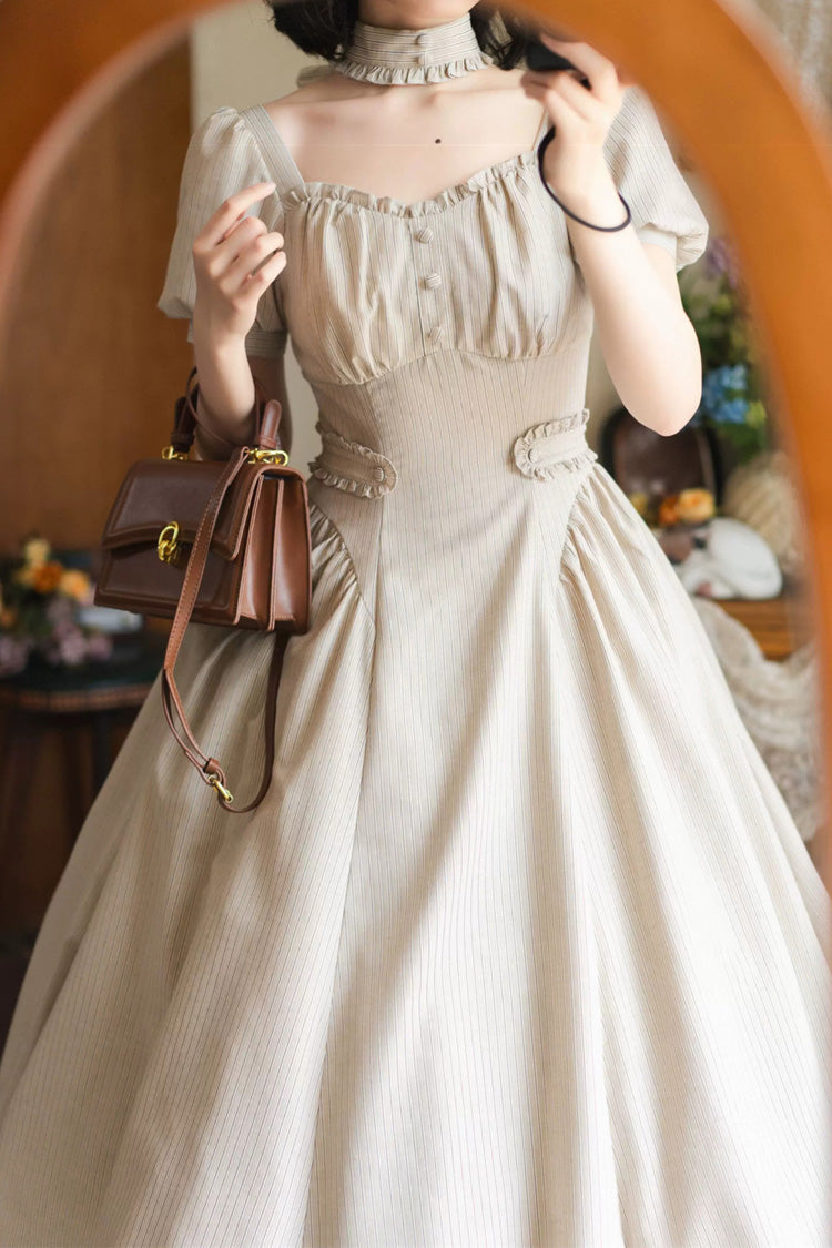Khaki Square-Collar Ruffled Striped Vintage Dress